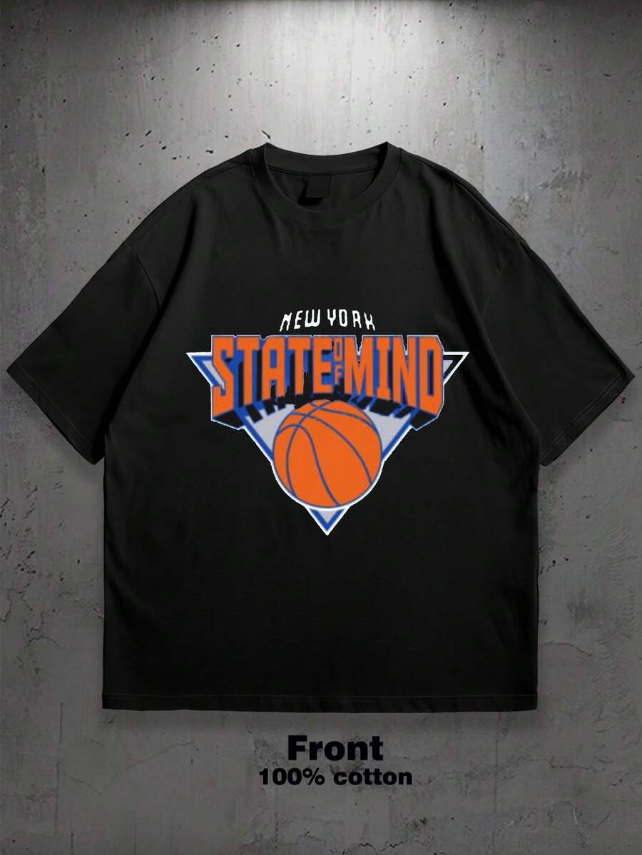 

Модная Одежда Унисекс Футболка с Принтом Состояние Разума Нью-Йорка Дизайн с Баскетболом Подходит для Повседневной Носки L