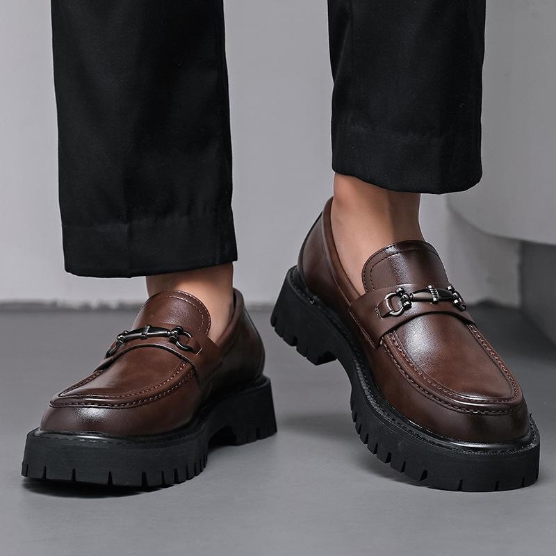 2025 new thick-soled heightening men's big-headed leather shoes patent leather glossy casual thick-heeled loafers hairstylist trendy shoes