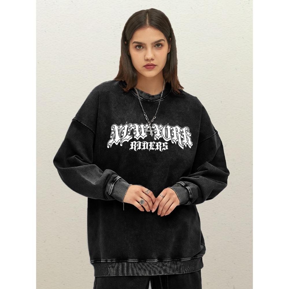 

New York City Riders Art Letter Design Woman Washed Sweatshirts Cotton Comfortable Pullovers Loose Womens Clothes S