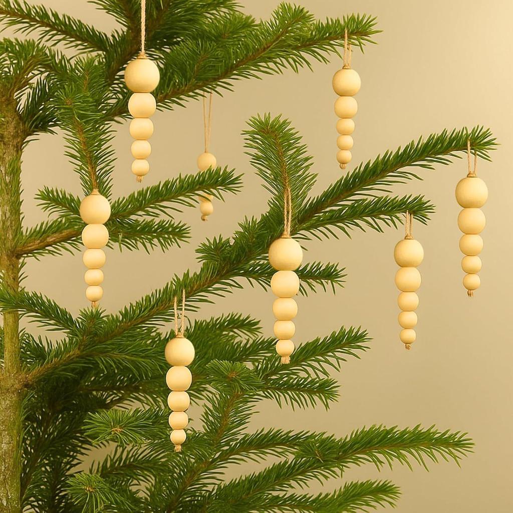 Pack of 10 Wood Bead Christmas Ornament for Decoration Natural Modern Minimalist Xmas Hanging Home Decor Bohemian Holiday Decorations