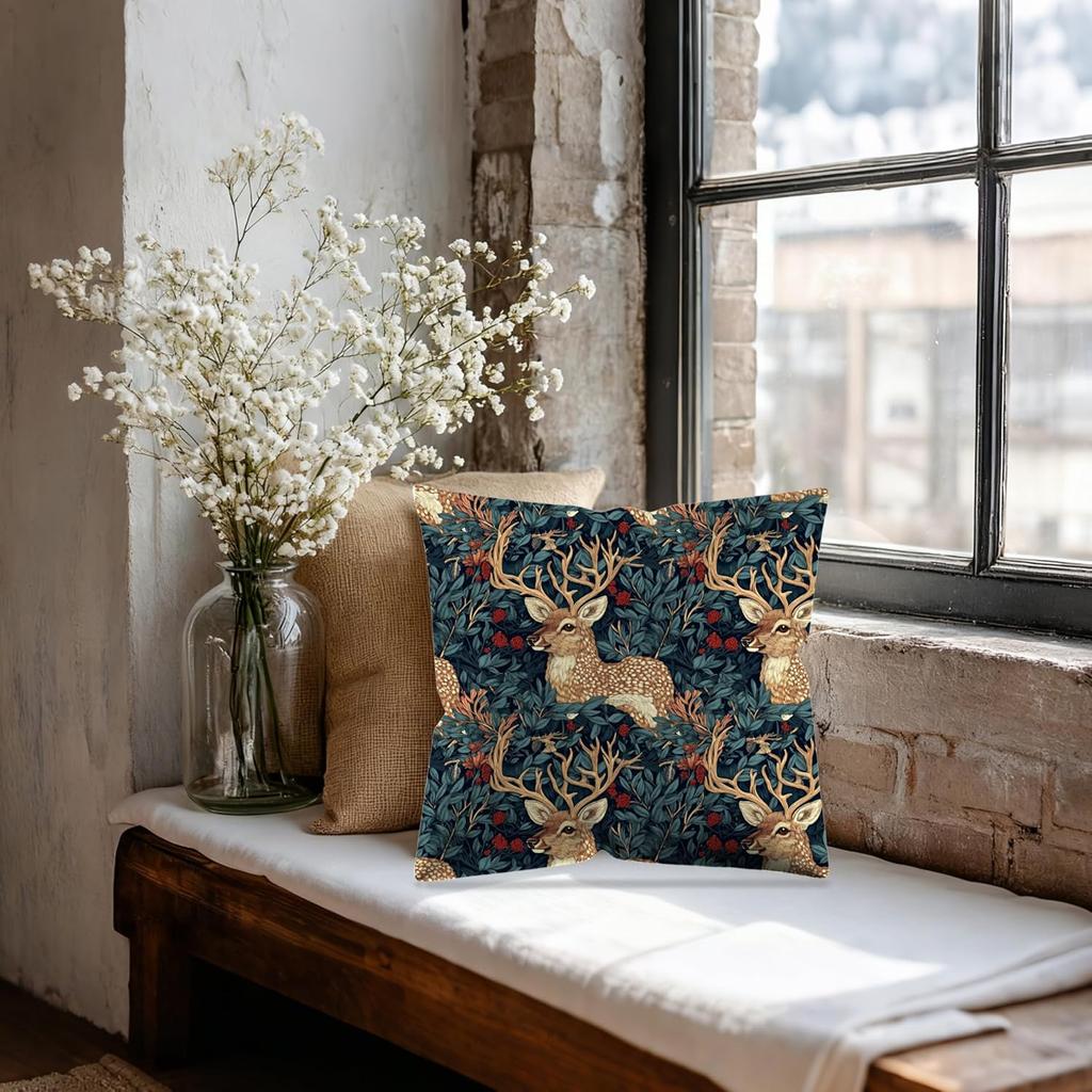 Vintage Floral Deer Pillow Covers, Cottagecore Room Home Decor, Art Nouveau Botanical Forest Deer Decorative Pillow Covers for Home Bedroom Living