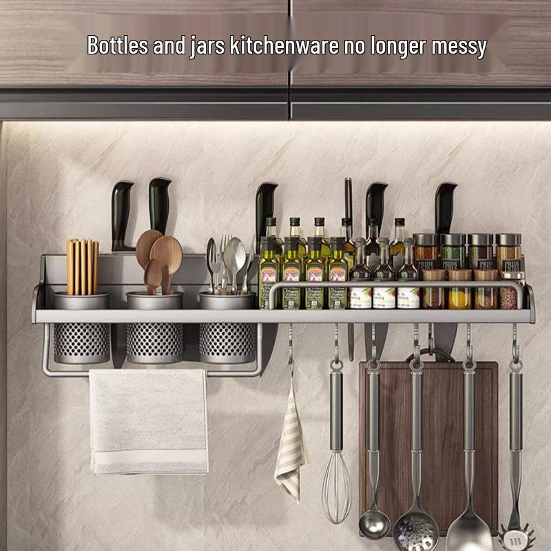 Punch-Free Wall-Mounted Kitchen Rack: Multifunctional Chopsticks, Knife Holder & Seasoning Storage