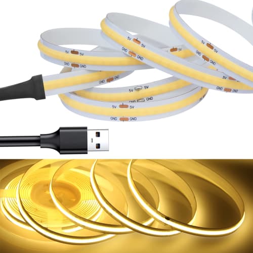 LEKE COB Tape Light LED Strip Light Flexible High Density LED Tape Light 3m 320LEDs/m Light Bulb Color 3000K DC5V 180° Emission CRI>=90, Double-Sided