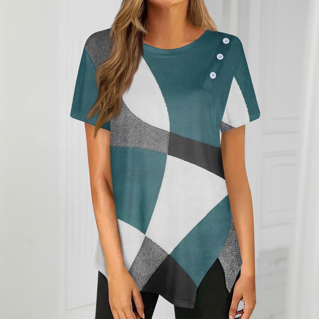 T-skjorte med knappedetalj og kurvet kant, korte ermer, rund hals, avslappet topp, dameklær