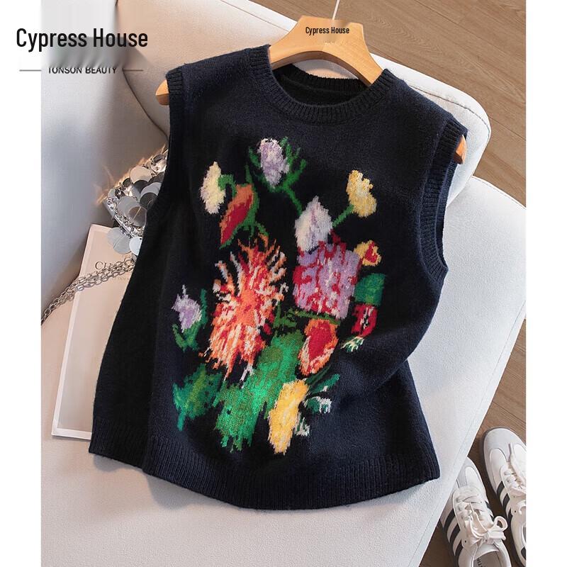 

Sibaishe Women s Round Neck Contrast Floral Knit Vest M