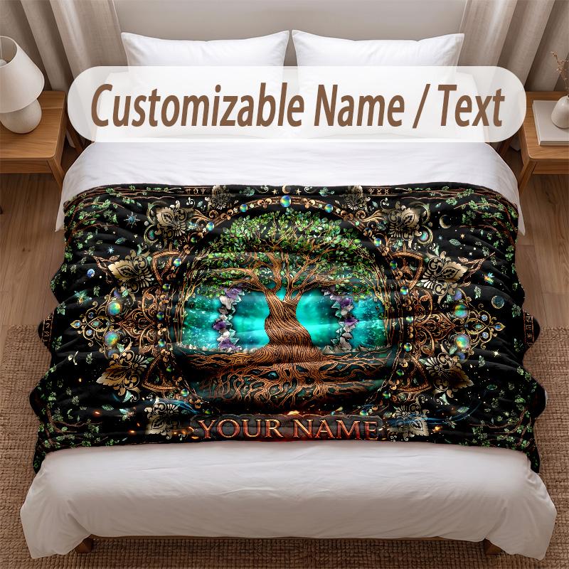 Tree of Life Theme Soft Blanket Personalized Custom Name Text Print Warm Blanket Home Sofa Bedroom Decor