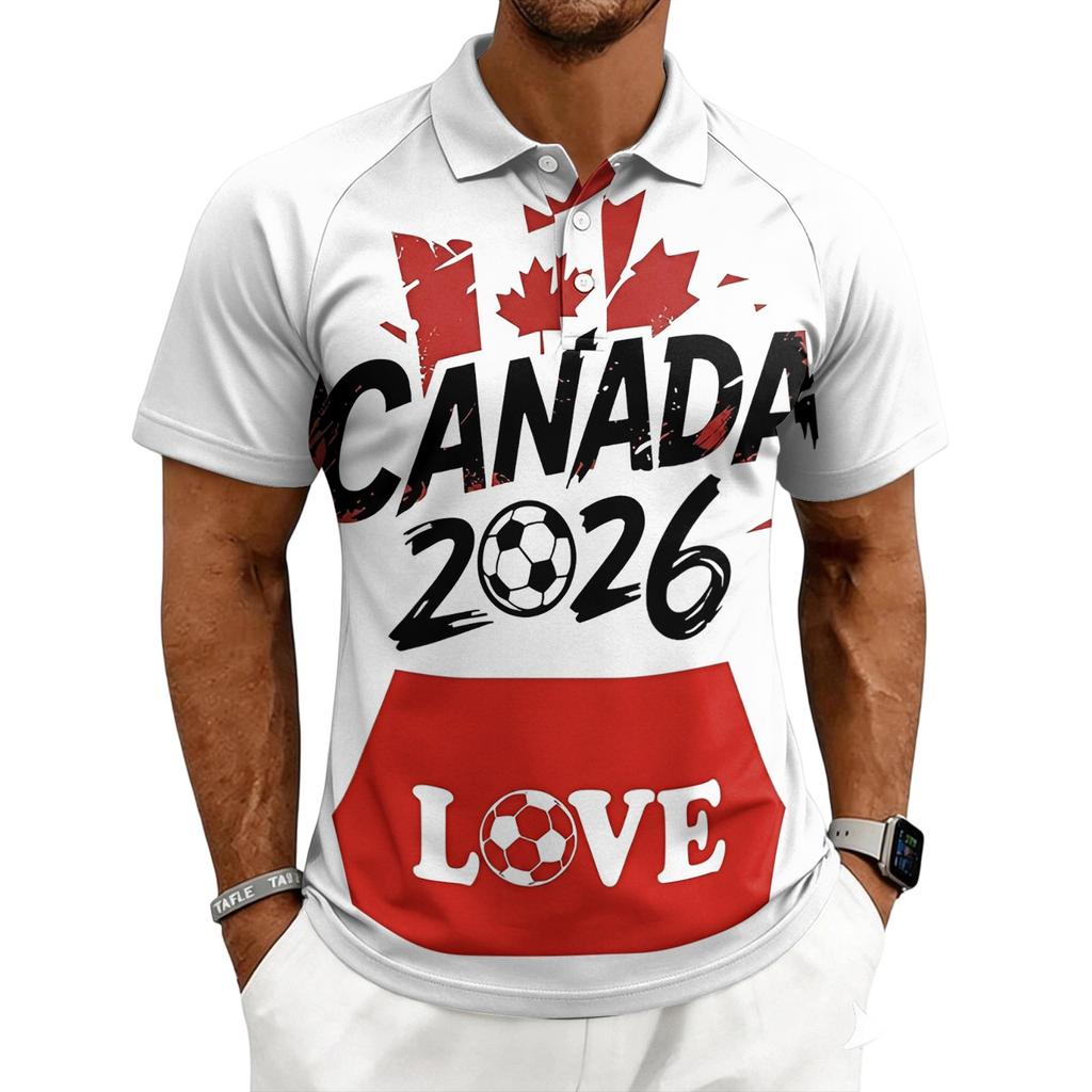 Men’s World Football Series Casual Printed Polo Shirt Button Down Short Sleeve Top with Graphic Lettering Design 2026