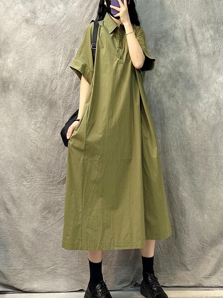 Lapel Short-sleeved Casual Dress Women's 2025 New Summer Large Size Loose Temperament Fashion Solid Color Medium and Long Dress