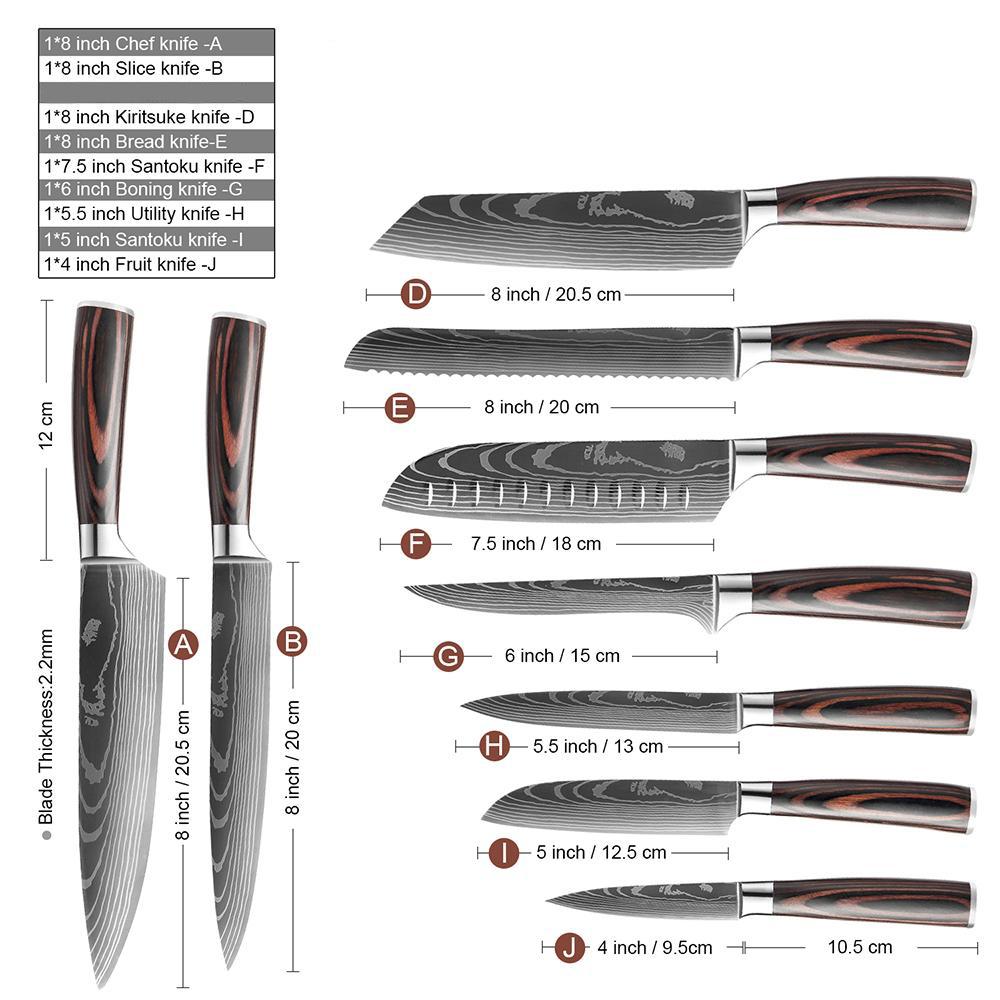 9Pcs Damascus Pattern Knife Sets Kitchen Knives Set Chef Knives Kitchen Bread Chopping Knife Fruit Cutter