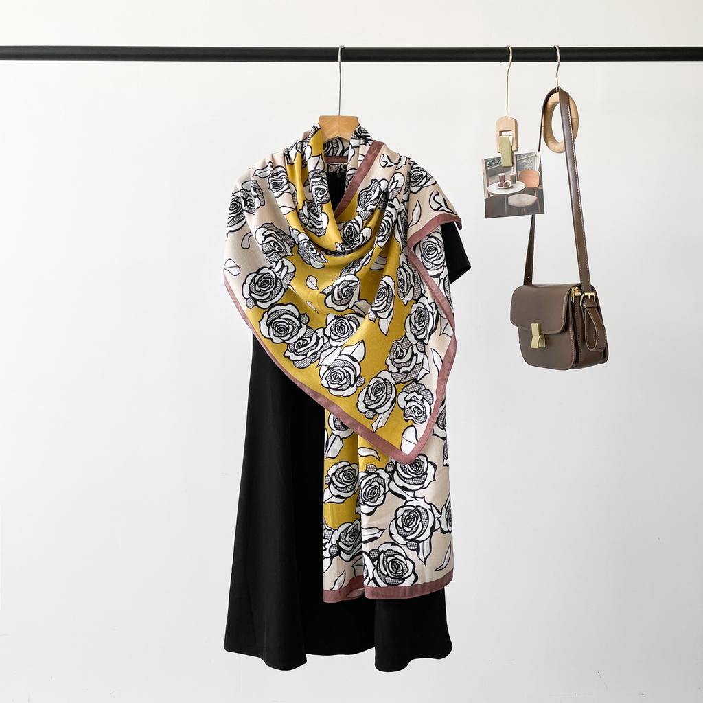 Autumn New High End Touching Word Pattern Silk Scarf for Women Lake Color Geometric Printing Imitation Silk Satin Shawl