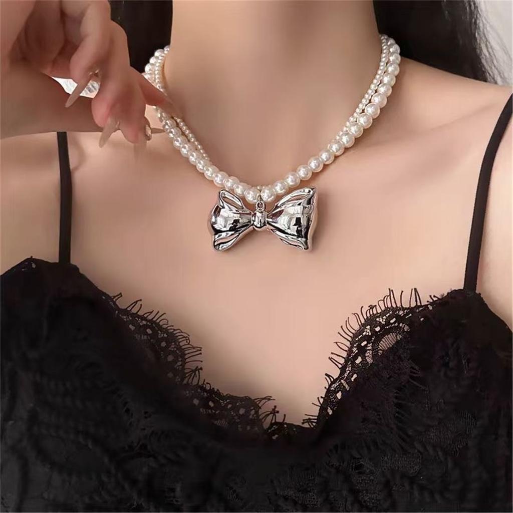 Tooxika French Retro Romantic Light Luxury Double Pearl Bow Necklace Niche Choker Collarbone Chain