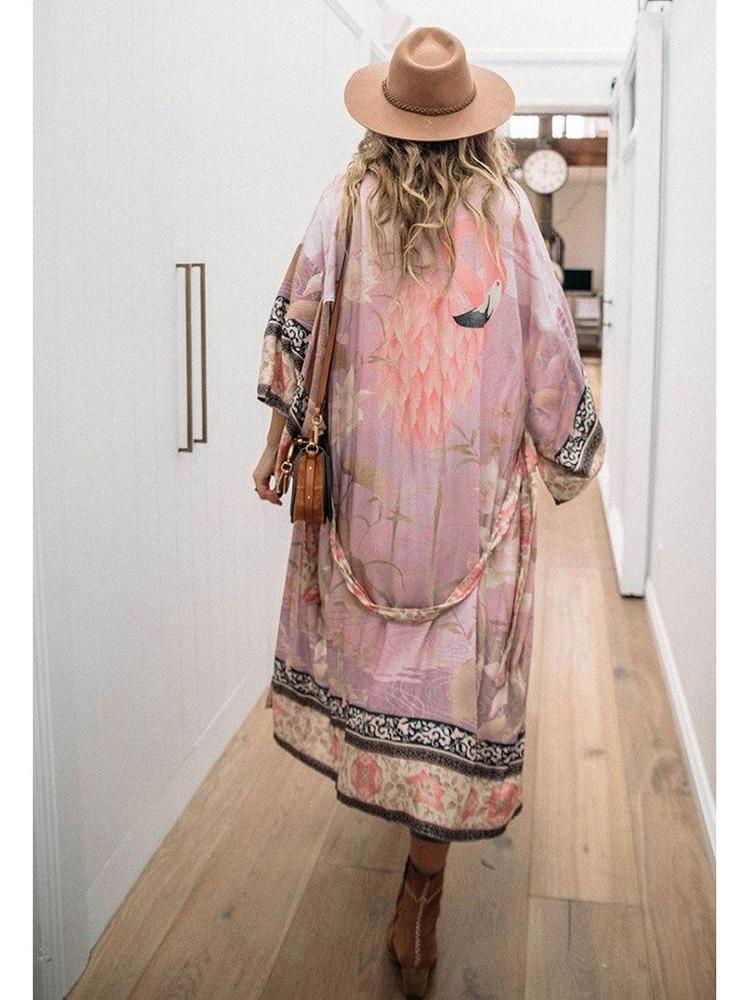 European-American Cotton Floral Kimono Cardigan - Beach Cover-up & Sun Protection 5D58