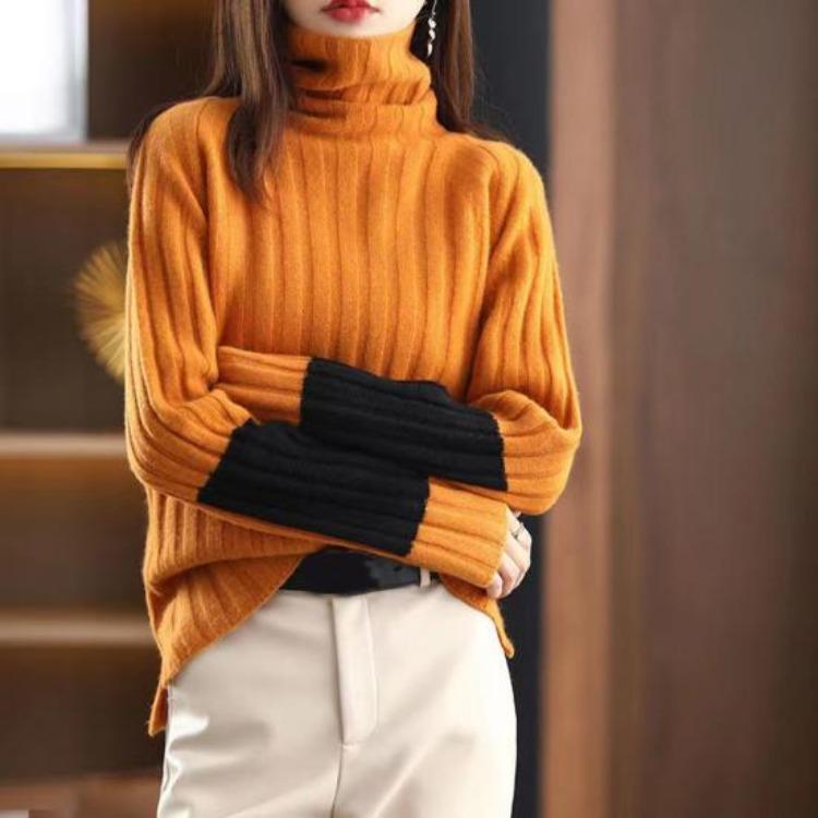 Women Warm Thick Soft Pullover Sweater Turtleneck Long Sleeve Knitted Color Block Patchwork Lady Winter Autumn Neck Protection