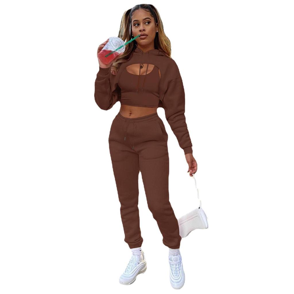2022 European Women's Plus Velvet Hooded Sweatshirt & Long Pants Vest Set