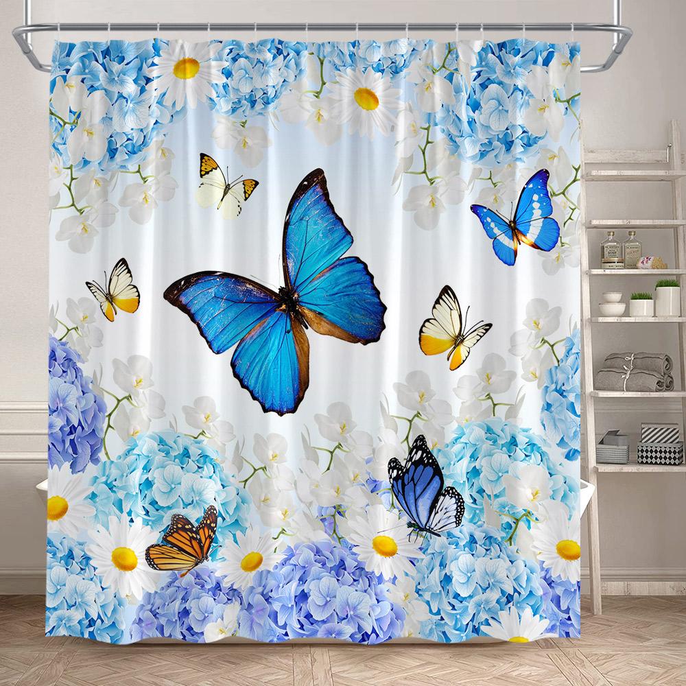 Floral Blue Butterfly Shower Curtain Purple Flowers Butterflies Plant Polyester Fabric Bathroom Decor Bath Curtains with Hooks