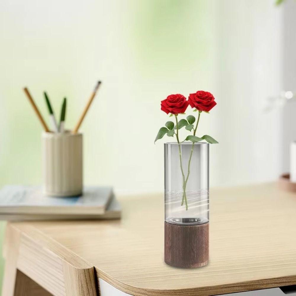 Wooden Base Transparent Flower Vase Elegant Decorative Bottles Hydroponic Flower Pot  Wedding Decor