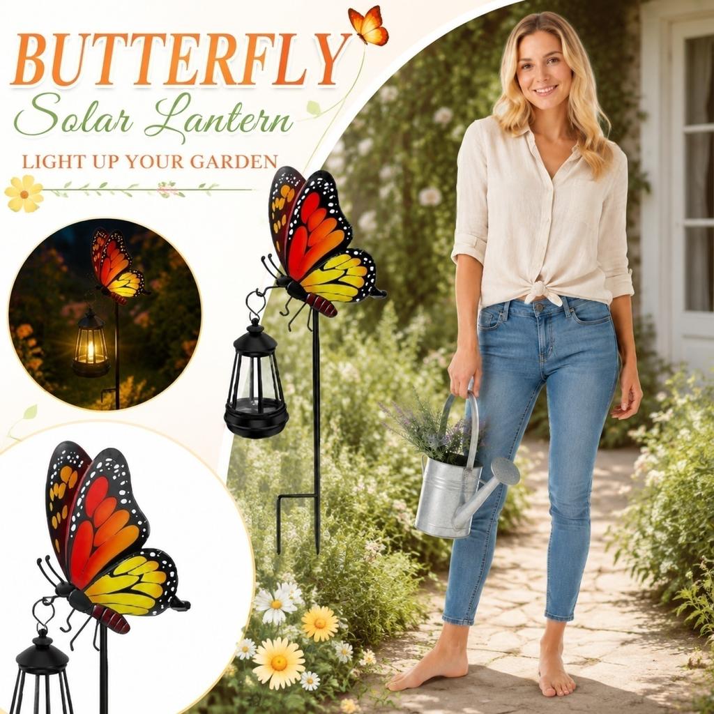 Outdoor Solar Garden Stake Light Butterfly Design with Hanging Lantern Decorative Yard Accent for Pathway Lawn Patio