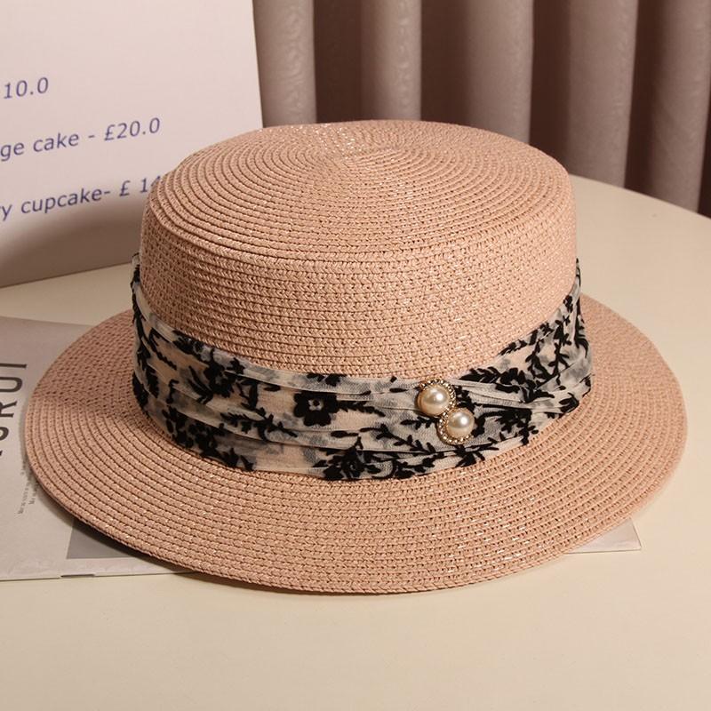 

Retro small edge flat top straw hat women spring and summer travel seaside sunscreen sunshade beach hat British versatile top hat Adult (56-58cm)