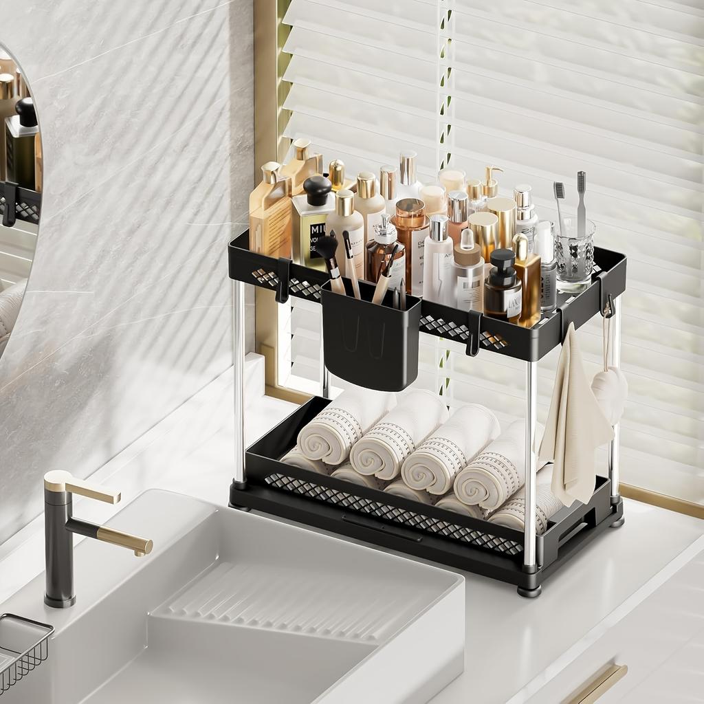 2-Tier Kitchen Storage Rack, Large Capacity Under Sink Organizer with Sliding Drawers, Market Cabinet Shelf Home Accessories