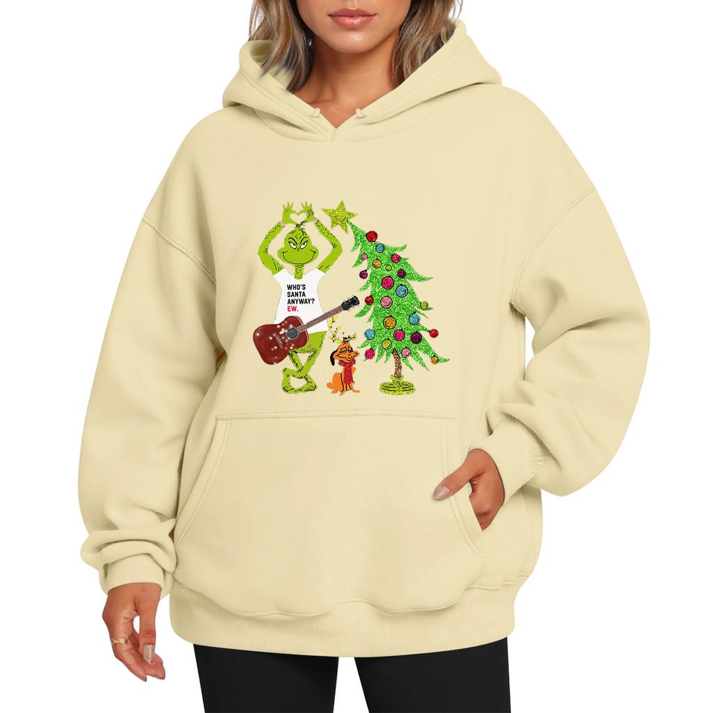 Ladies' Christmas Style Printed Hoodie With Wool And Pockets For Women