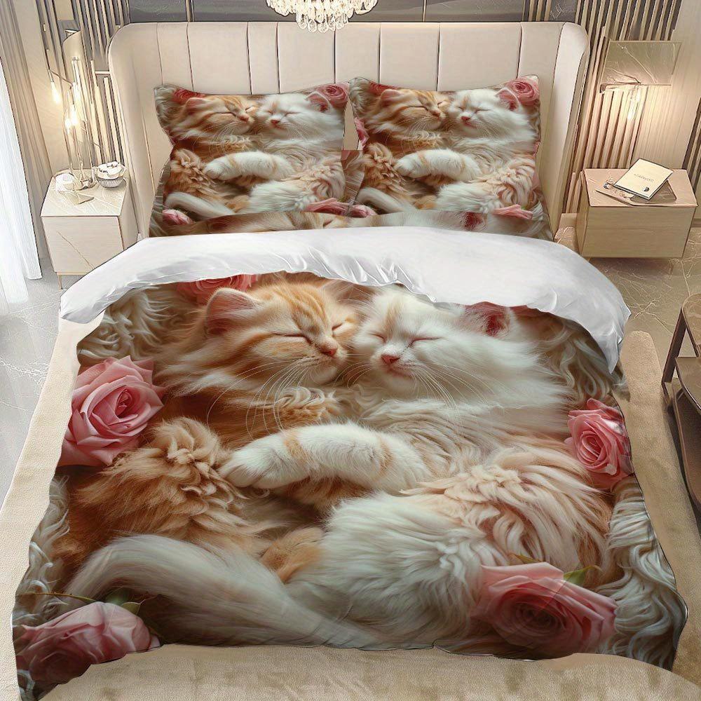 Lifesmells 2/3pcs Kitten and Rose Duvet Cover Set Romantic Cat and Flower Bed Cover Set Cozy and Adorable Bedding Set