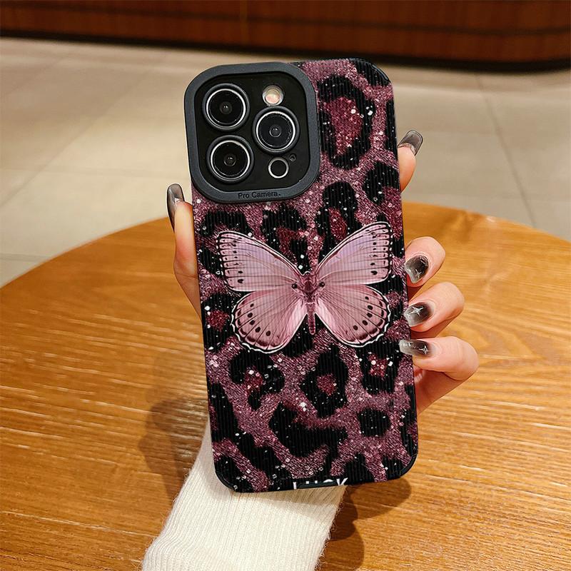 Vertical Grain Leather Shell Butterfly Printed Patterned Shockproof Soft Silicone Case with Camera Lens Full Protection for iPhone