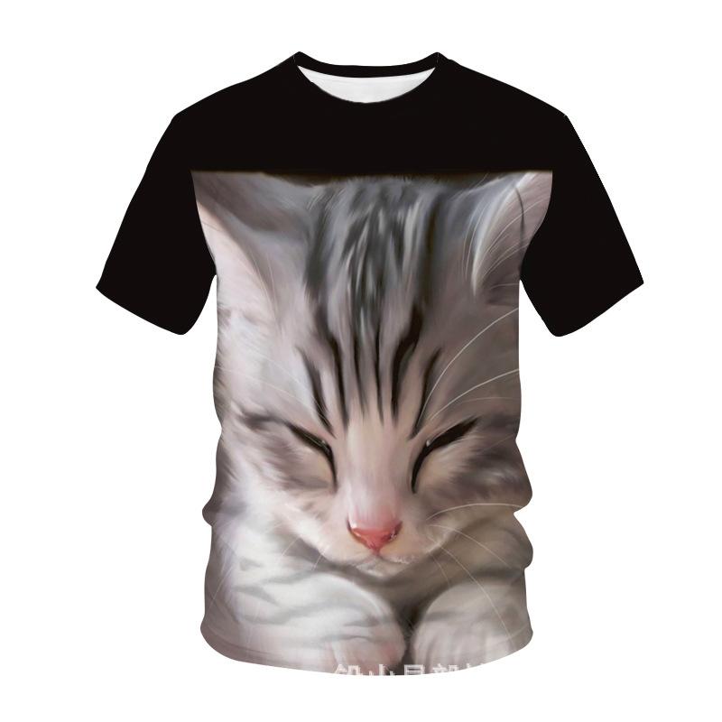 Sommar Rundhalsad 3D Katt Tryckt Topp Trendig Casual Kortärmad Barn Pojk T-shirts