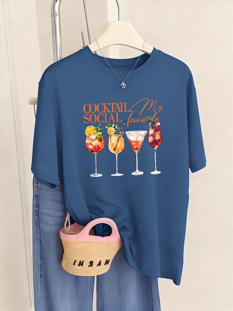 Cocktail Social My Favorite Prints TShirts Women Summer Loose Short Sleeve Tops ONeck Soft T Shirt Basics Casual Woman Clothes