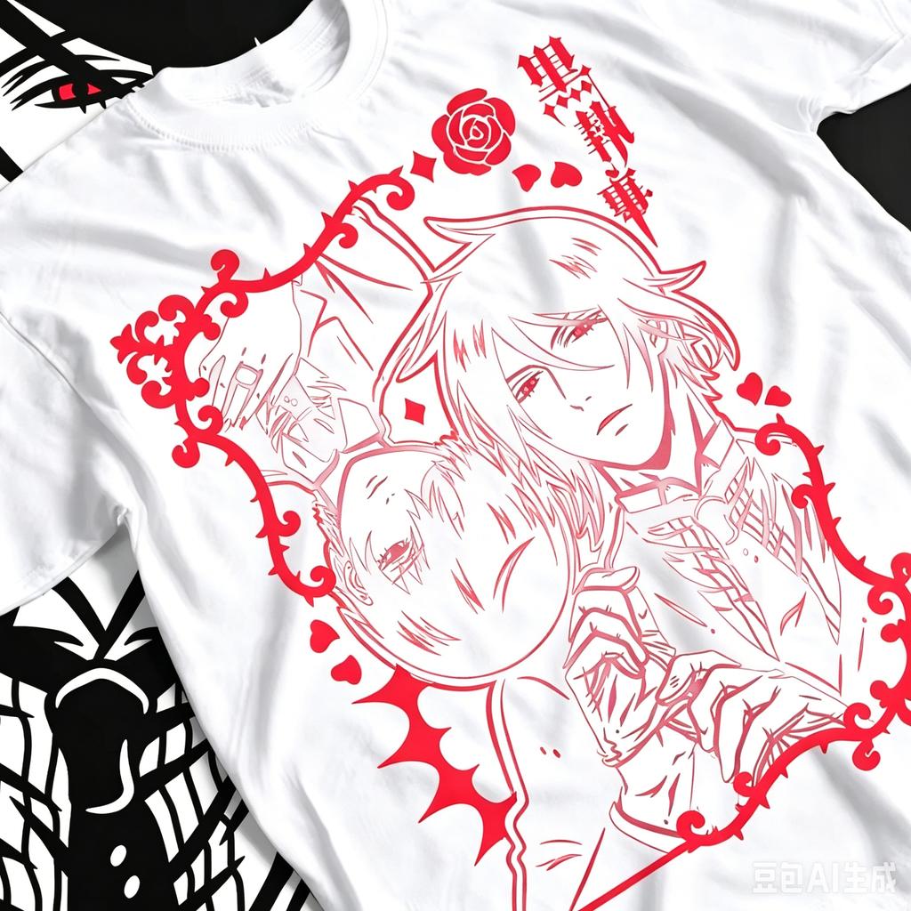 Black Butler Single Sided Tshirt Sebastian Ciel Duo Portrait Red Rose Gothic Anime Print Oversized Tee For Dark Anime Fans