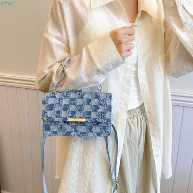 X7XC Korean Shoulder Bag with Adjustable Strap for Womens Chain Handle Denims Tassels Handbag Checkered Jeans Crossbody Purse