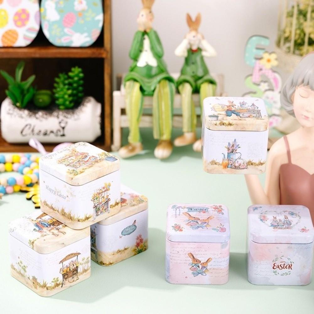 Metal Rabbits Candy Box with Lids Small Tin Can Multi-Purpose Easter Tinplate Box  Home Party Decor