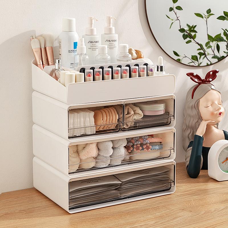 Transparent Desktop Cosmetics Organizer with Drawers for Lipsticks, Skincare, Makeup Brushes, and Masks