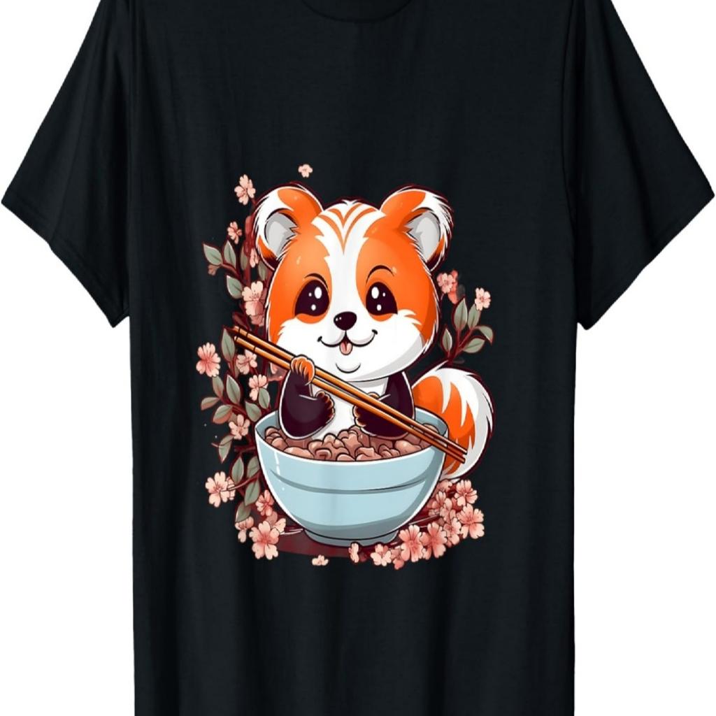 Otaku Anime Red Panda Eat Ramen Noodles Cherry Blossom T-Shirt(24)