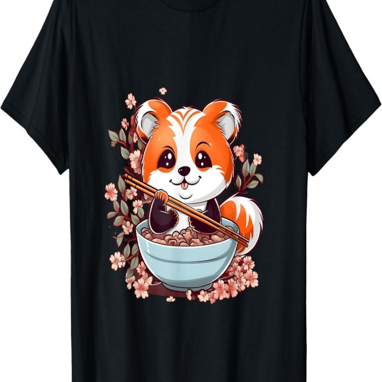 

Отаку Аниме Красная Панда Ест Рамен Вишня Футболка(64) S чёрный