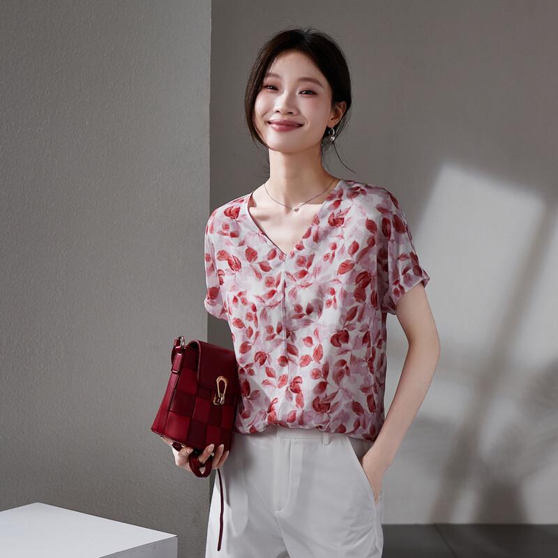 SOFSIL 2026 Summer Print Silk V-Neck Short Sleeve Shirt L