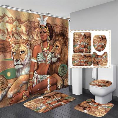 Fashion African Woman Shower Curtain Set With Rugs Afro Girl Egyptian Lady Fabric Shower Curtain Liner Non-Slip Carpet