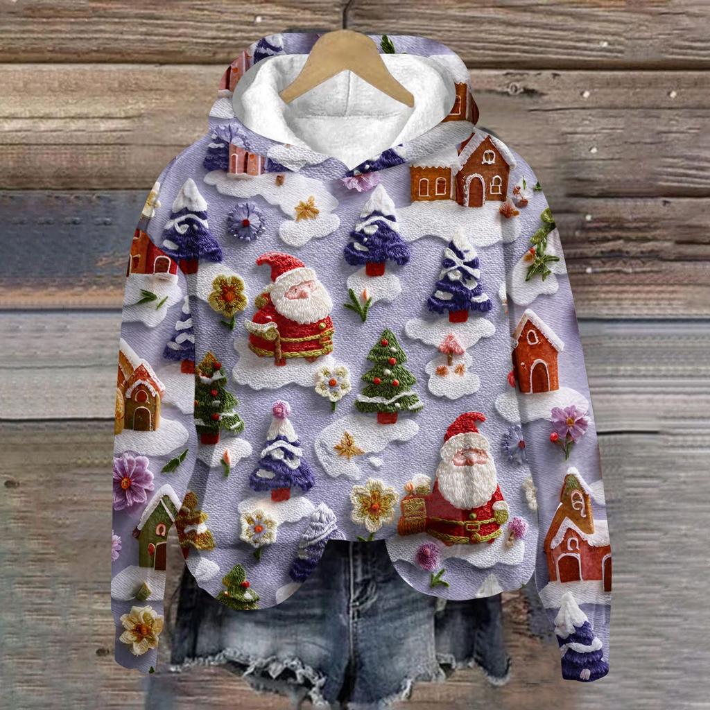 Women's Fashion Long Sleeve Christmas Print Loose Hooded Sweatshirt Top