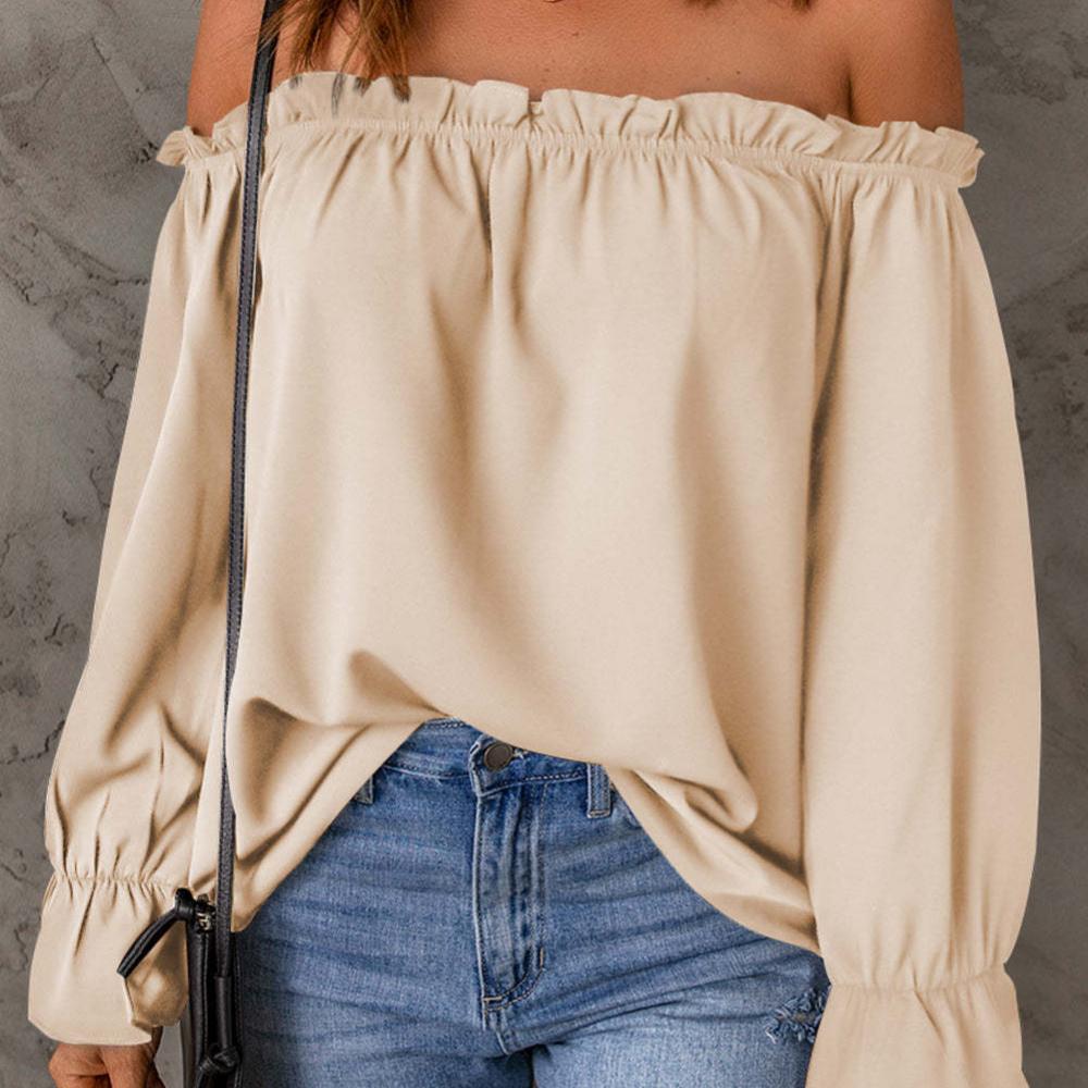 Women's One-line Neck Chiffon Shirt Spring and Autumn Solid Color Pullover Sexy Off-the-shoulder T-shirt
