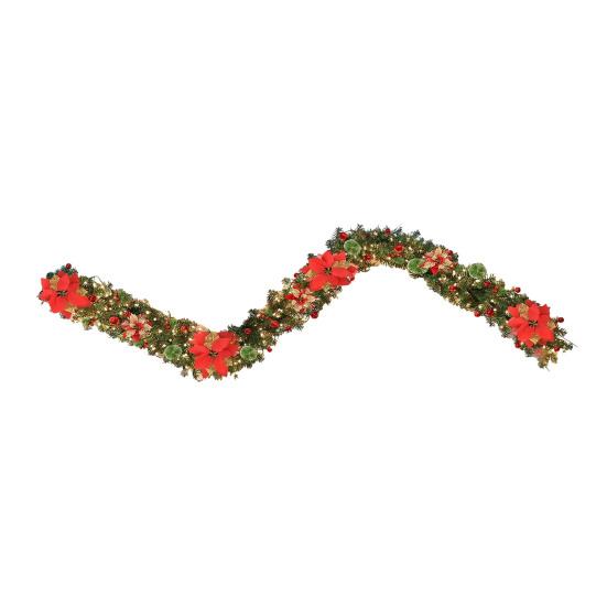 180CM Artificial Christmas Garland with Light Simulation Flower Holly Berry Red Balls Fake Rattan Mantle Fireplace Porch Indoor Outdoor Decoration