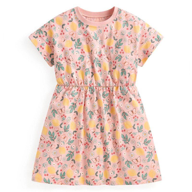 New Summer Floral Dress for Girls, Bamboo Jersey Cotton Dress, Pure Cotton Thin Short-Sleeve Dress for Girls, Export Pink Floral Print 150 cm