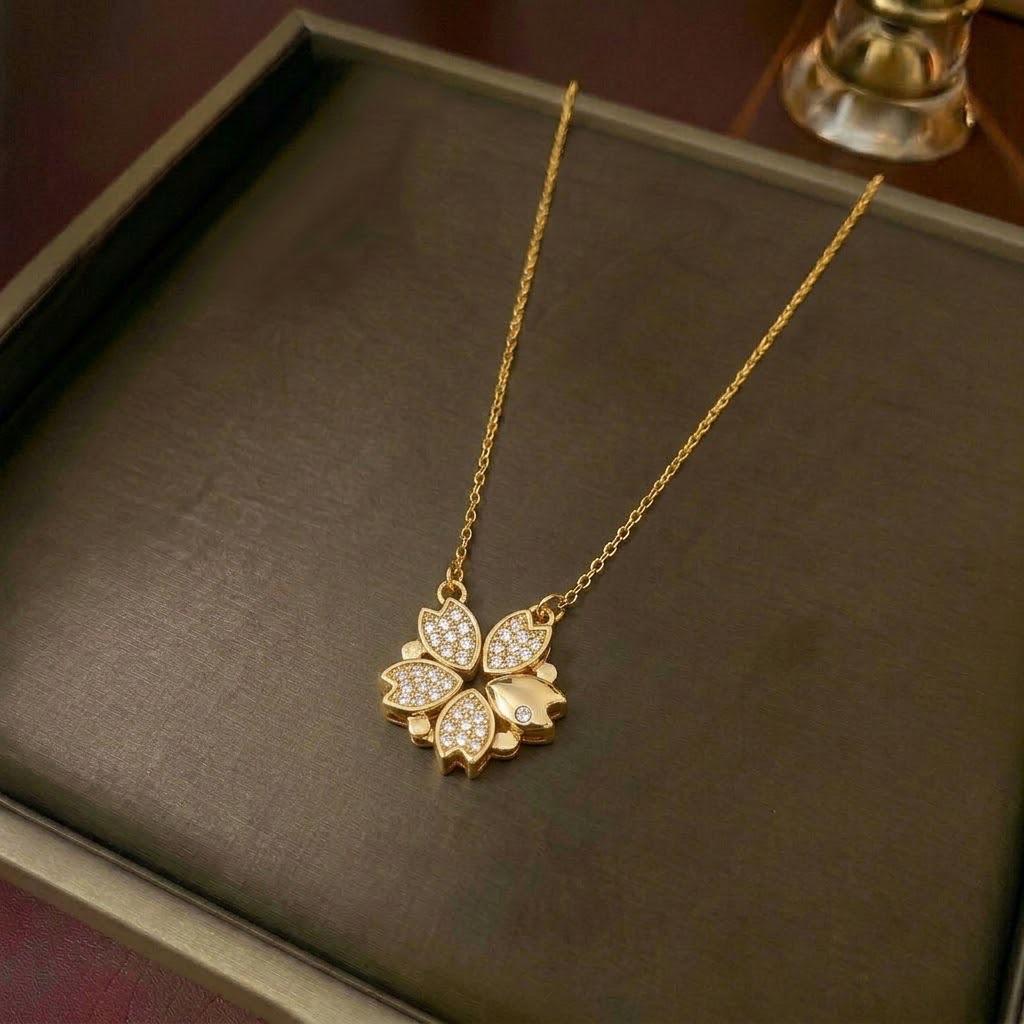 Women's Heart-Shaped Necklace with Four-Petal Flower, Cubic Zirconia, Titanium Steel Clavicle Chain - Elegant and Versatile Accessory