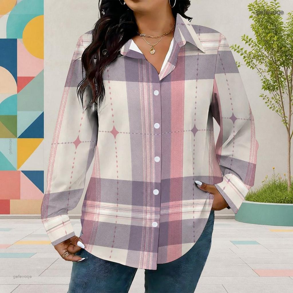 Women Plus Size Collared Neck Long Sleeve Plaid Printed Button Front Shirt Pink Gray White