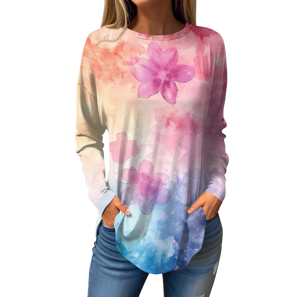 Women's Loose Casual Printed Round Neck Long Sleeved T Shirt Top Pullover Long Sleeved Sweatshirt