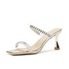 7305 [sheepskin] square head slippers for women's outer wear 2025 new transparent rhinestones with stiletto sandals
