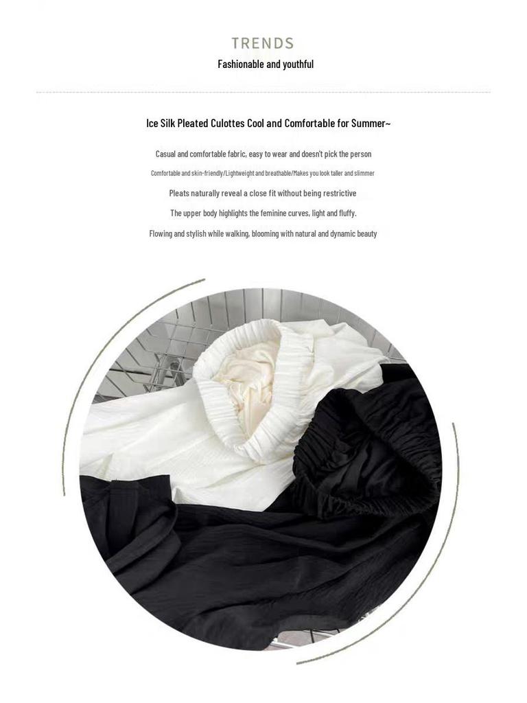 Ice Silk Off-White Pleated Culottes: Women's High-Waisted A-Line Midi Skirt