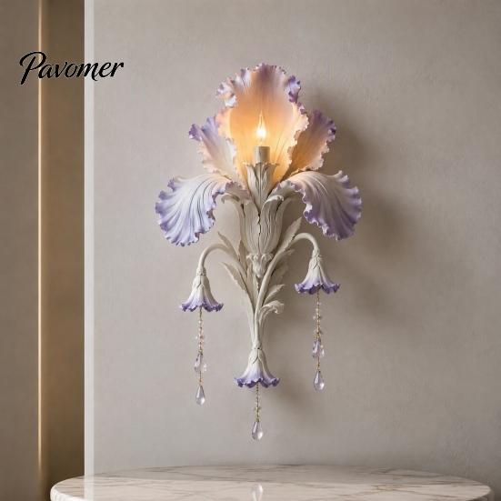 Modern Iris Petal Lamp Bloom Wall Sconce, Vintage Floral Light with Faux Crystal Sconce Drops, Romantic Purple Ambient for Bedroom Living Room