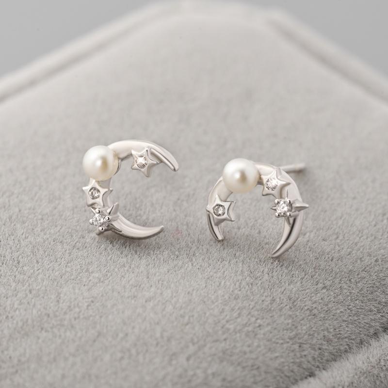 

925 Sterling Silver Moon Stud Earrings for Women, Trendy Elegant Unique CZ Pearl Jewelry Gift срібний