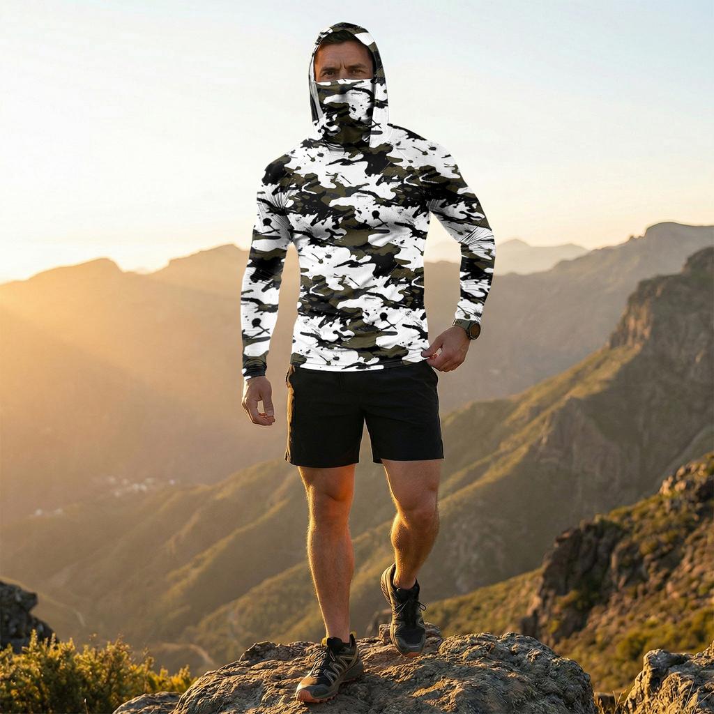Men’s Long Sleeve Hooded Shirt with Face Cover Leaf Print Lightweight Breathable Quick Dry Athletic Top for Outdoor Sports Fishing Running Hiking