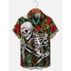 Men Skull Floral Hawaiian Shirt Red Rose Skeleton Print Short Sleeve Button Down Lapel Casual Halloween Day of the Dead Beach