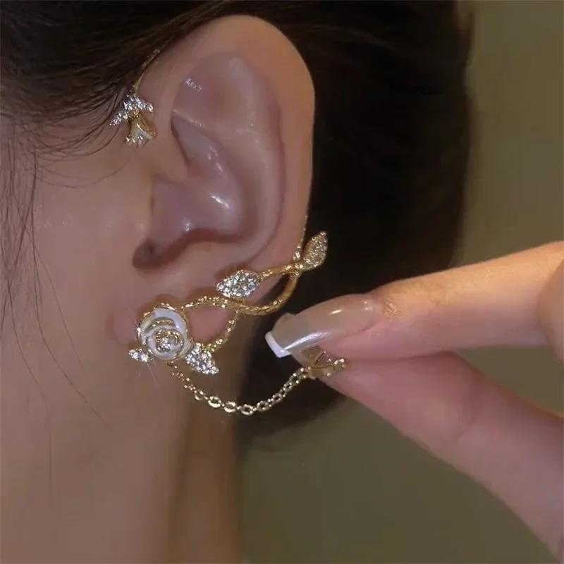 Sparkling Rose Shape Long Tassel Crystal Stars Ear Clip Earrings Without Piercing Exquisite Light Luxury Wedding Jewelry Gifts